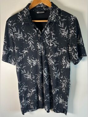 Travis Mathew Mens Golf Polo Shirt L Black Leaves Performance Pima Cotton Blend